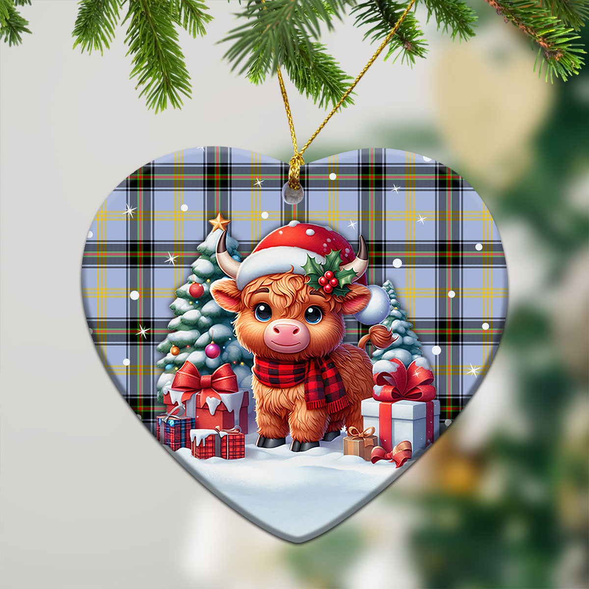 Bell of the Borders Tartan Christmas Ceramic Ornament - Highland Cow Winter Style