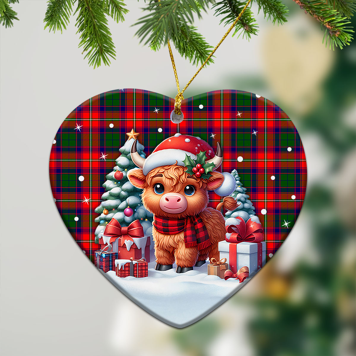 Belshes Tartan Christmas Ceramic Ornament - Highland Cow Winter Style