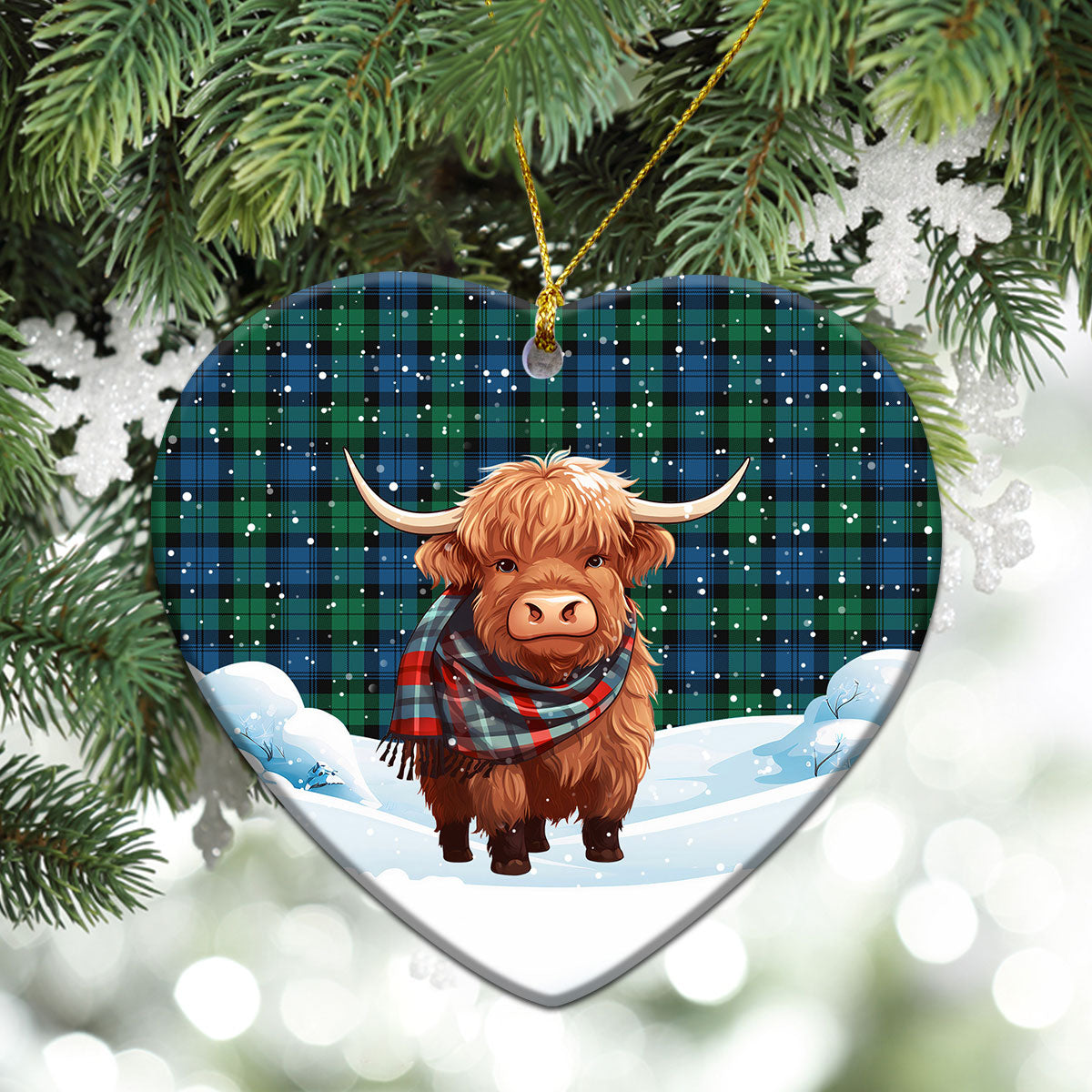 Black Watch Ancient Tartan Christmas Ceramic Ornament - Highland Cows Snow Style