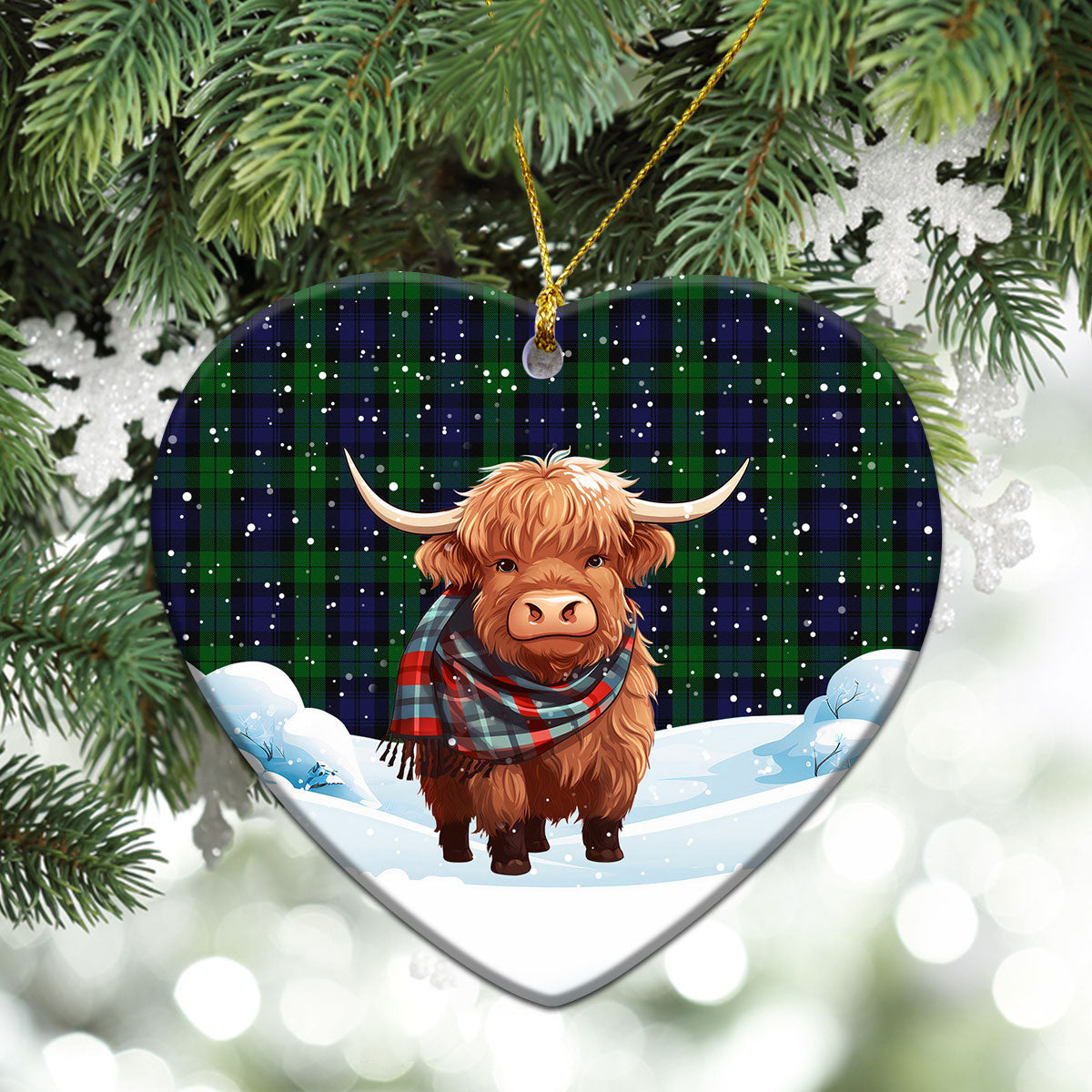 Black Watch Tartan Christmas Ceramic Ornament - Highland Cows Snow Style