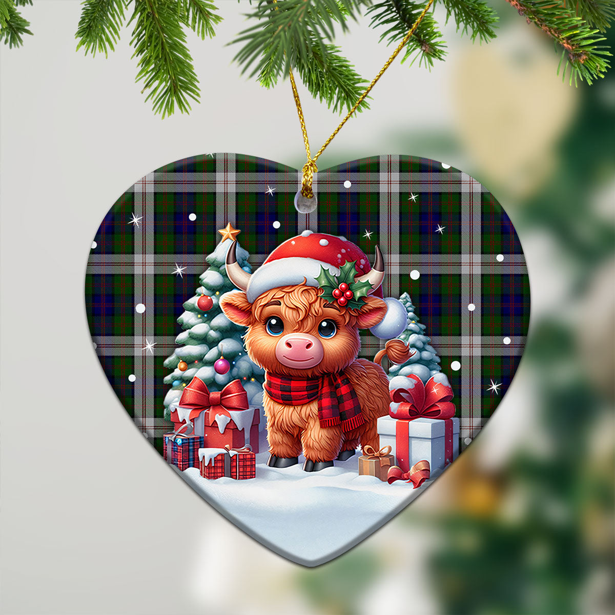 Blair Dress Tartan Christmas Ceramic Ornament - Highland Cow Winter Style