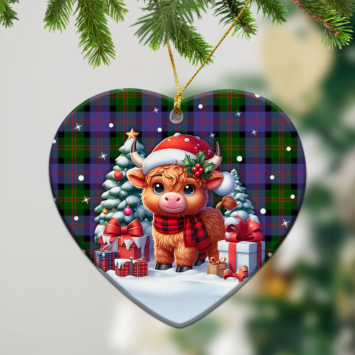 Blair Modern Tartan Christmas Ceramic Ornament - Highland Cow Winter Style