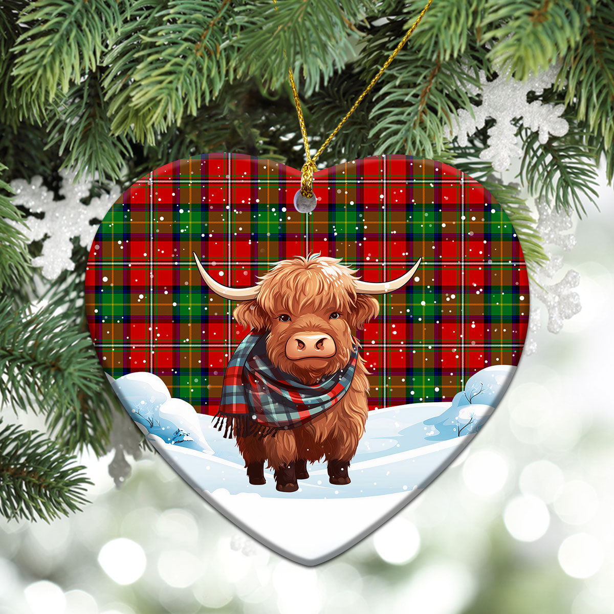 Boyd Modern Tartan Christmas Ceramic Ornament - Highland Cows Snow Style