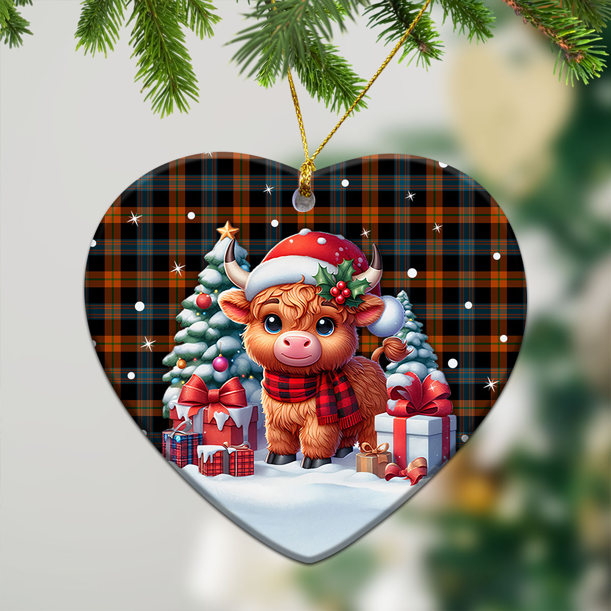 Broun Ancient Tartan Christmas Ceramic Ornament - Highland Cow Winter Style