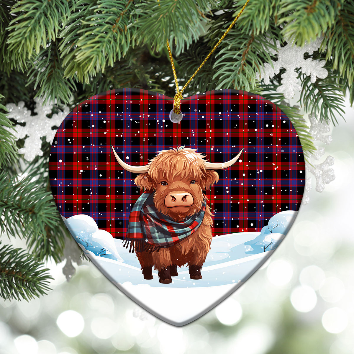 Brown Modern Tartan Christmas Ceramic Ornament - Highland Cows Snow Style