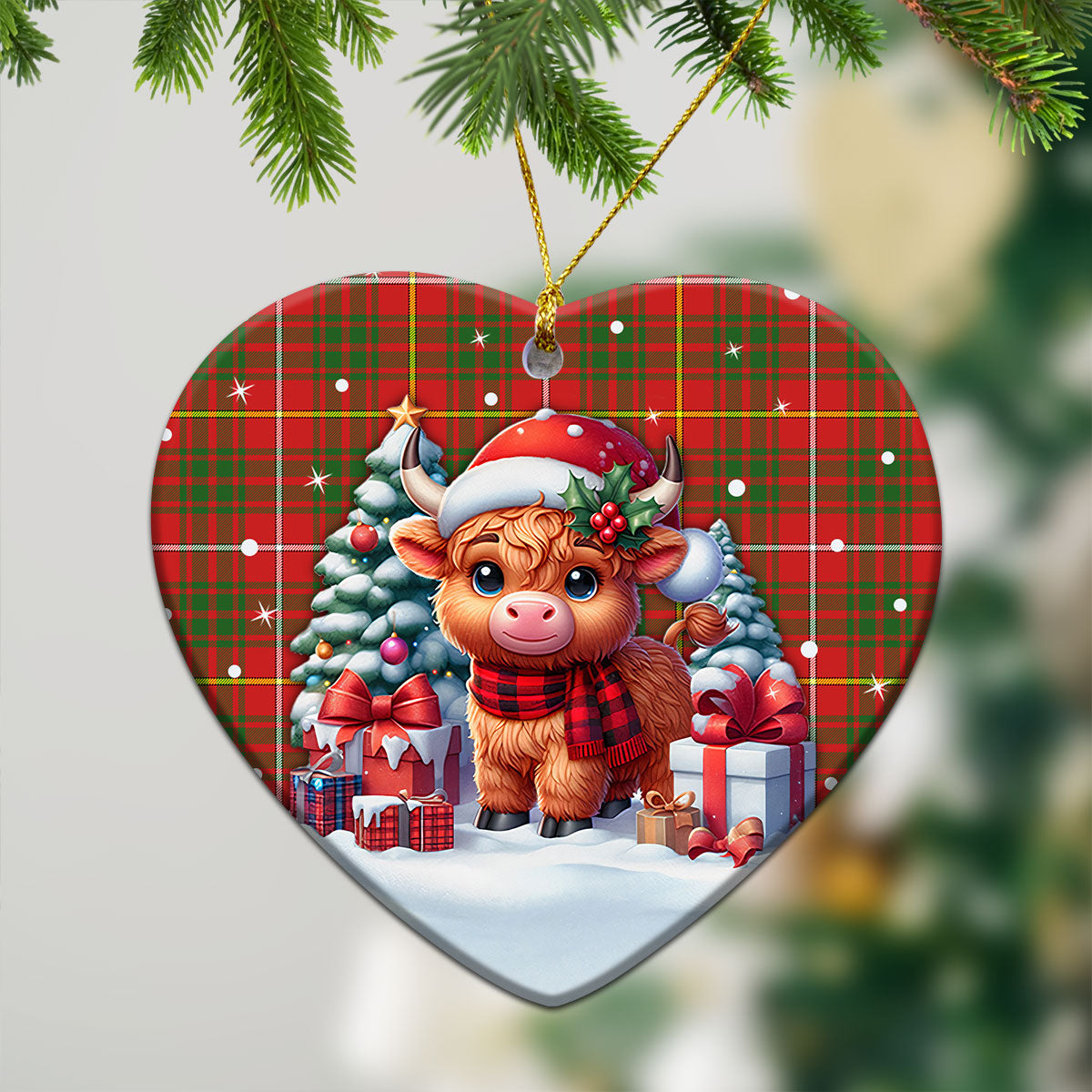 Bruce Modern Tartan Christmas Ceramic Ornament - Highland Cow Winter Style