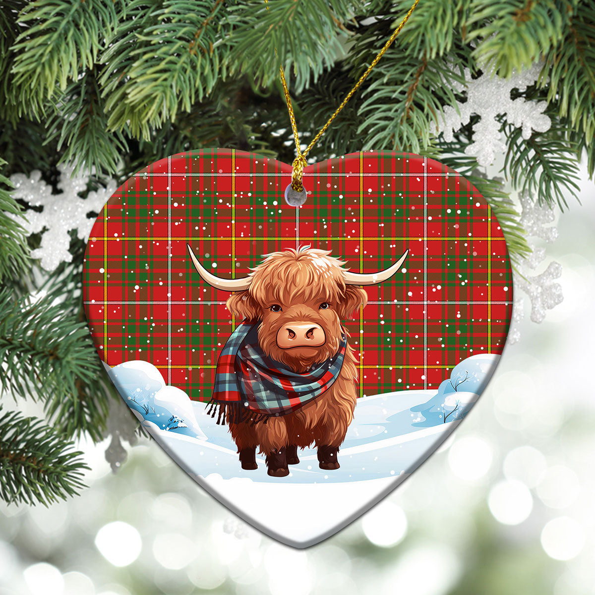 Bruce Modern Tartan Christmas Ceramic Ornament - Highland Cows Snow Style