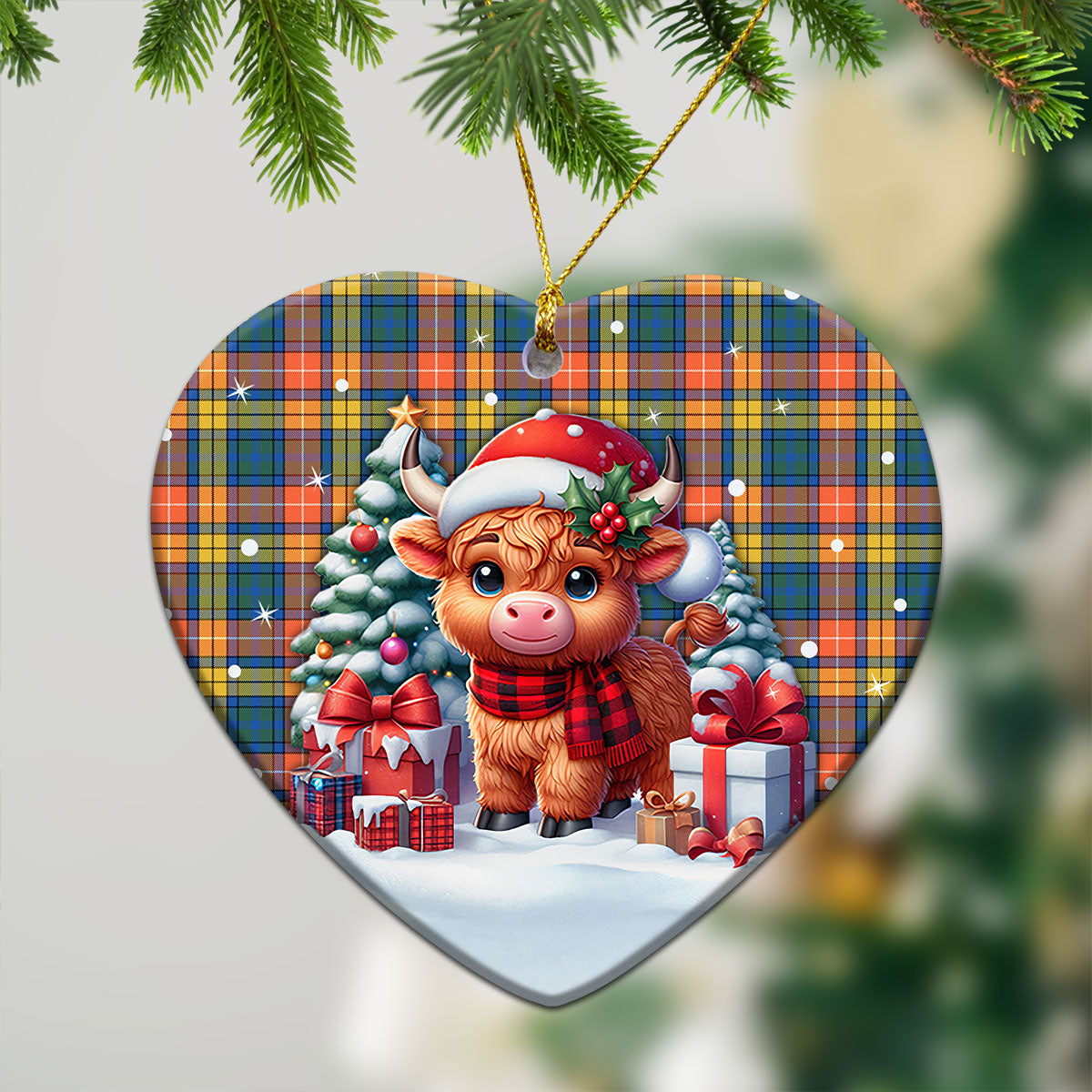 Buchanan Ancient Tartan Christmas Ceramic Ornament - Highland Cow Winter Style