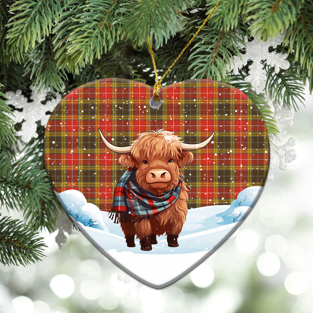 Buchanan Old Set Weathered Tartan Christmas Ceramic Ornament - Highland Cows Snow Style