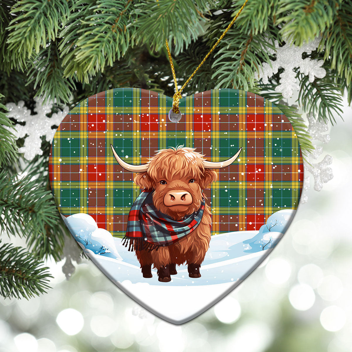 Buchanan Old Sett Tartan Christmas Ceramic Ornament - Highland Cows Snow Style