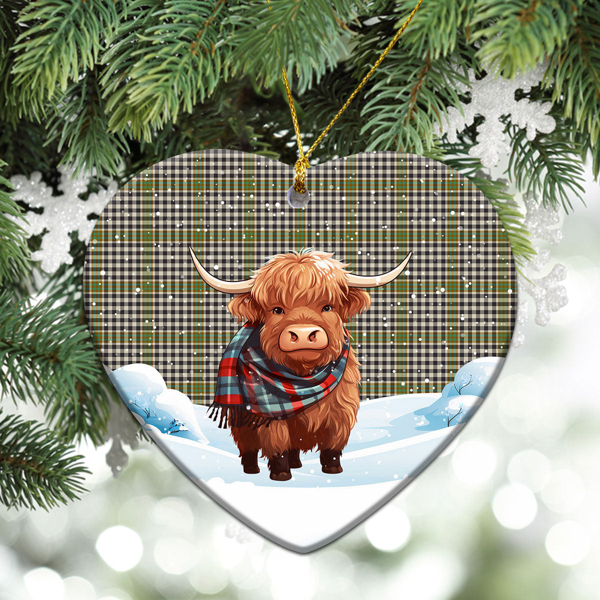 Burns Check Tartan Christmas Ceramic Ornament - Highland Cows Snow Style