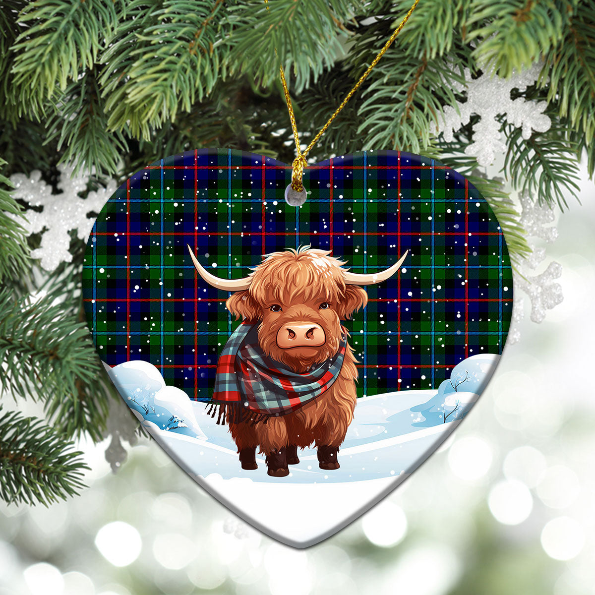 Calder Tartan Christmas Ceramic Ornament - Highland Cows Snow Style