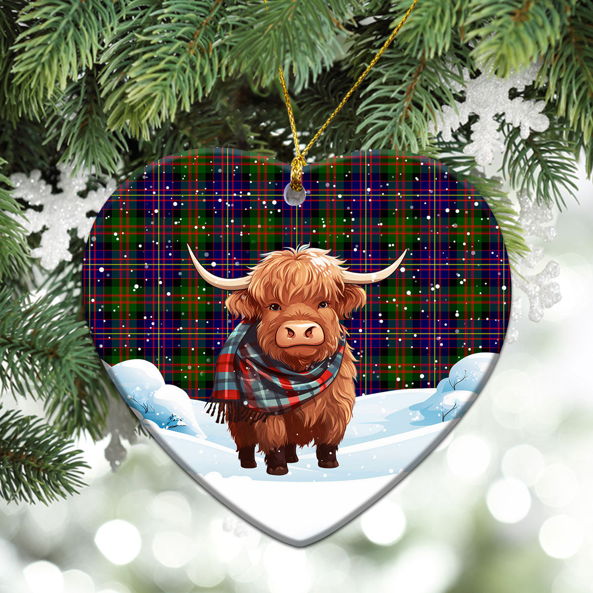 Cameron of Erracht Modern Tartan Christmas Ceramic Ornament - Highland Cows Snow Style