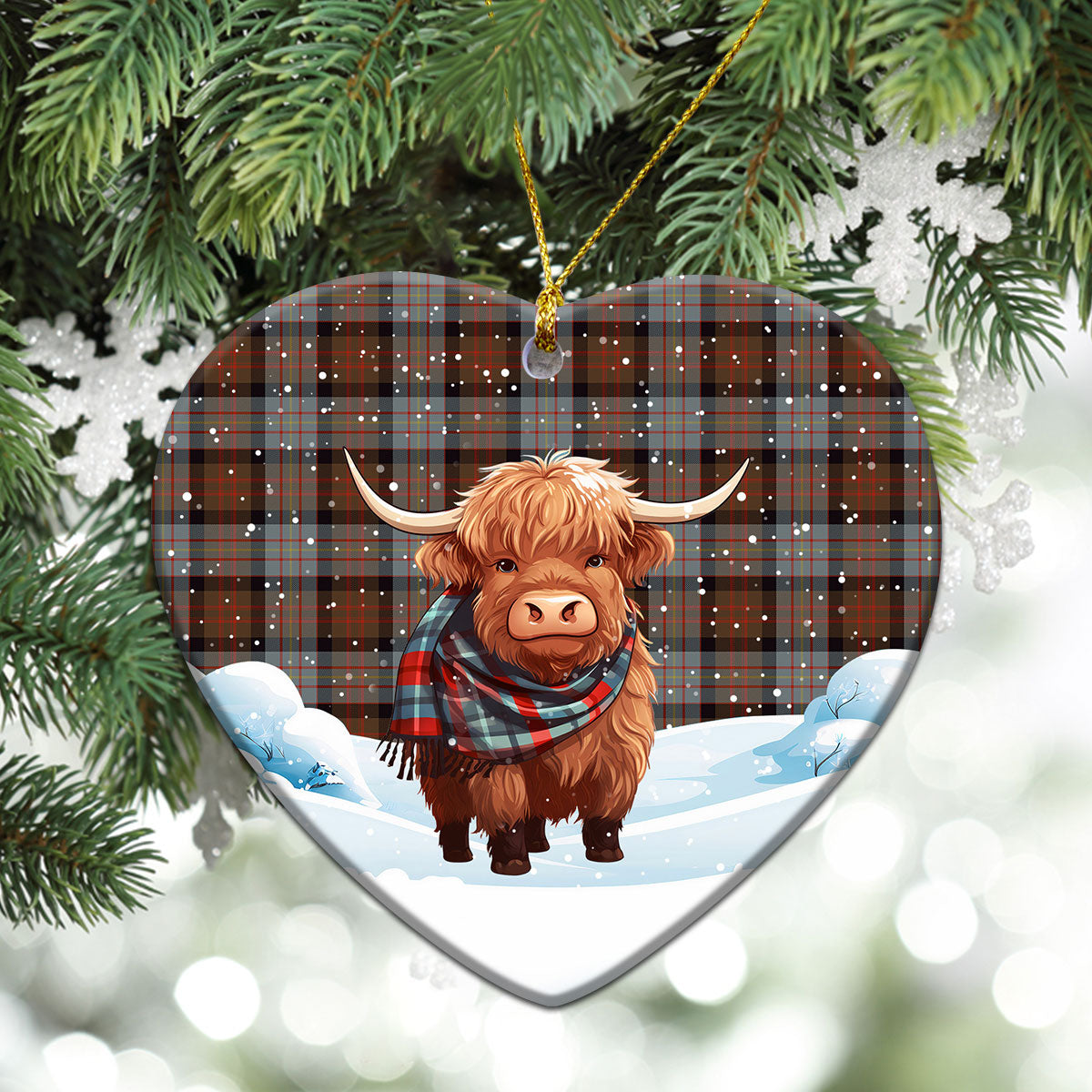 Cameron of Erracht Weathered Tartan Christmas Ceramic Ornament - Highland Cows Snow Style