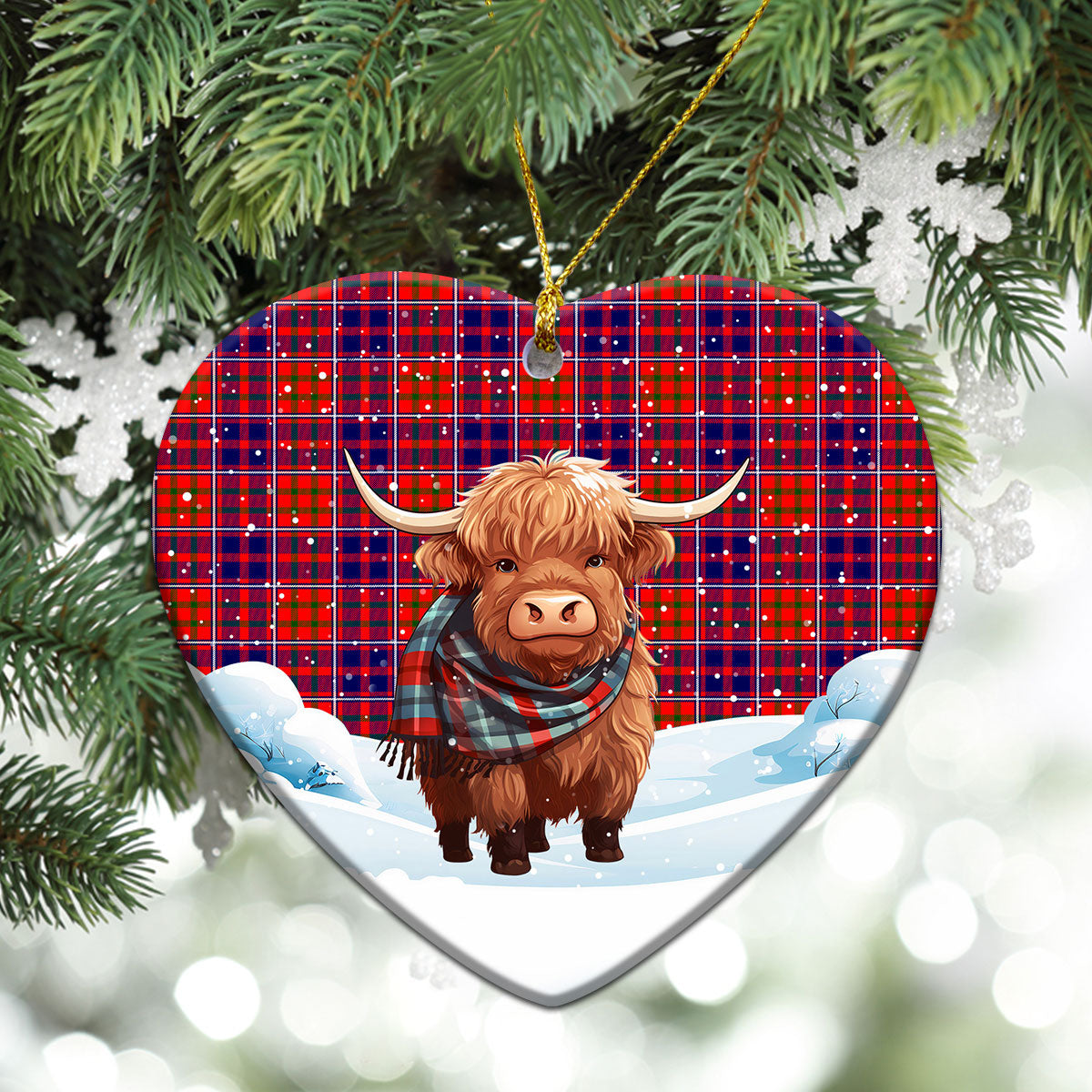 Cameron of Lochiel Modern Tartan Christmas Ceramic Ornament - Highland Cows Snow Style