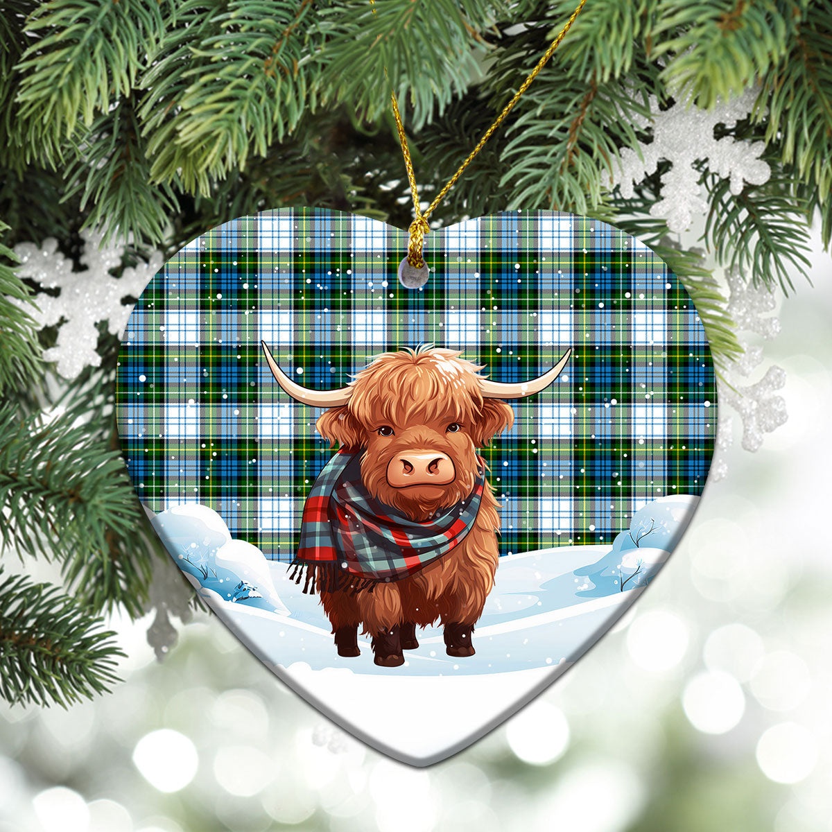 Campbell Dress Tartan Christmas Ceramic Ornament - Highland Cows Snow Style