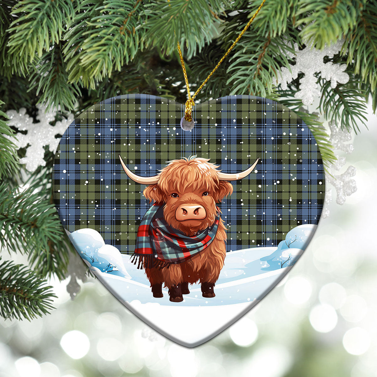 Campbell Faded Tartan Christmas Ceramic Ornament - Highland Cows Snow Style