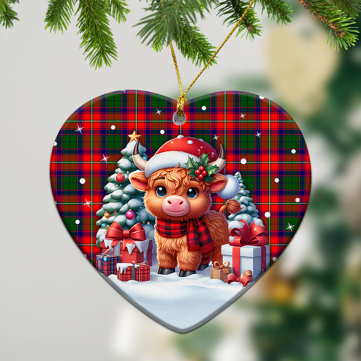 Charteris (Earl of Wemyss) Tartan Christmas Ceramic Ornament - Highland Cow Winter Style