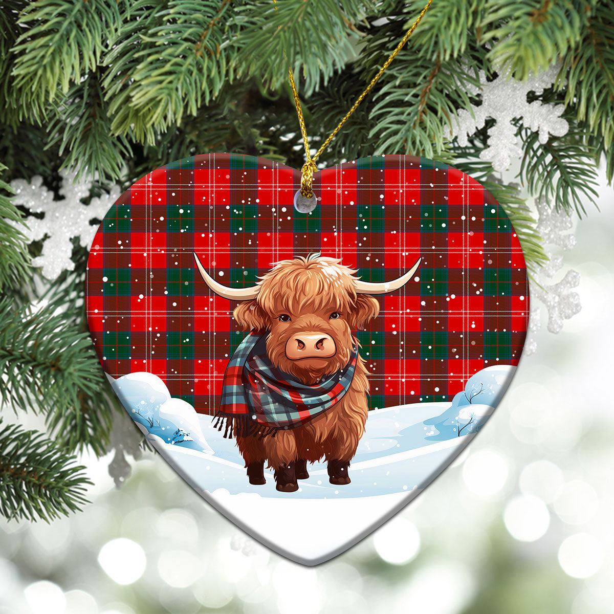 Chisholm Modern Tartan Christmas Ceramic Ornament - Highland Cows Snow Style