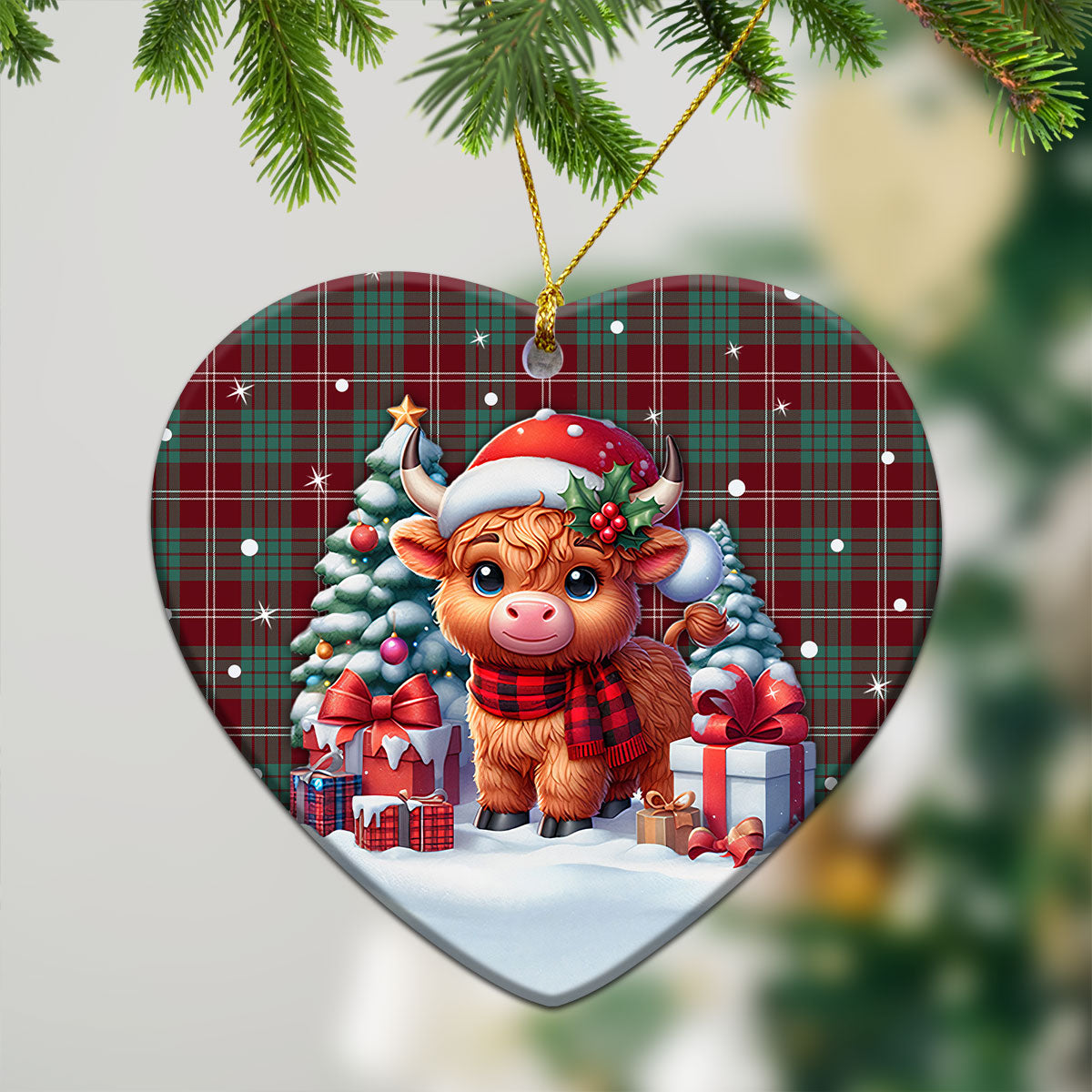 Crawford Modern Tartan Christmas Ceramic Ornament - Highland Cow Winter Style