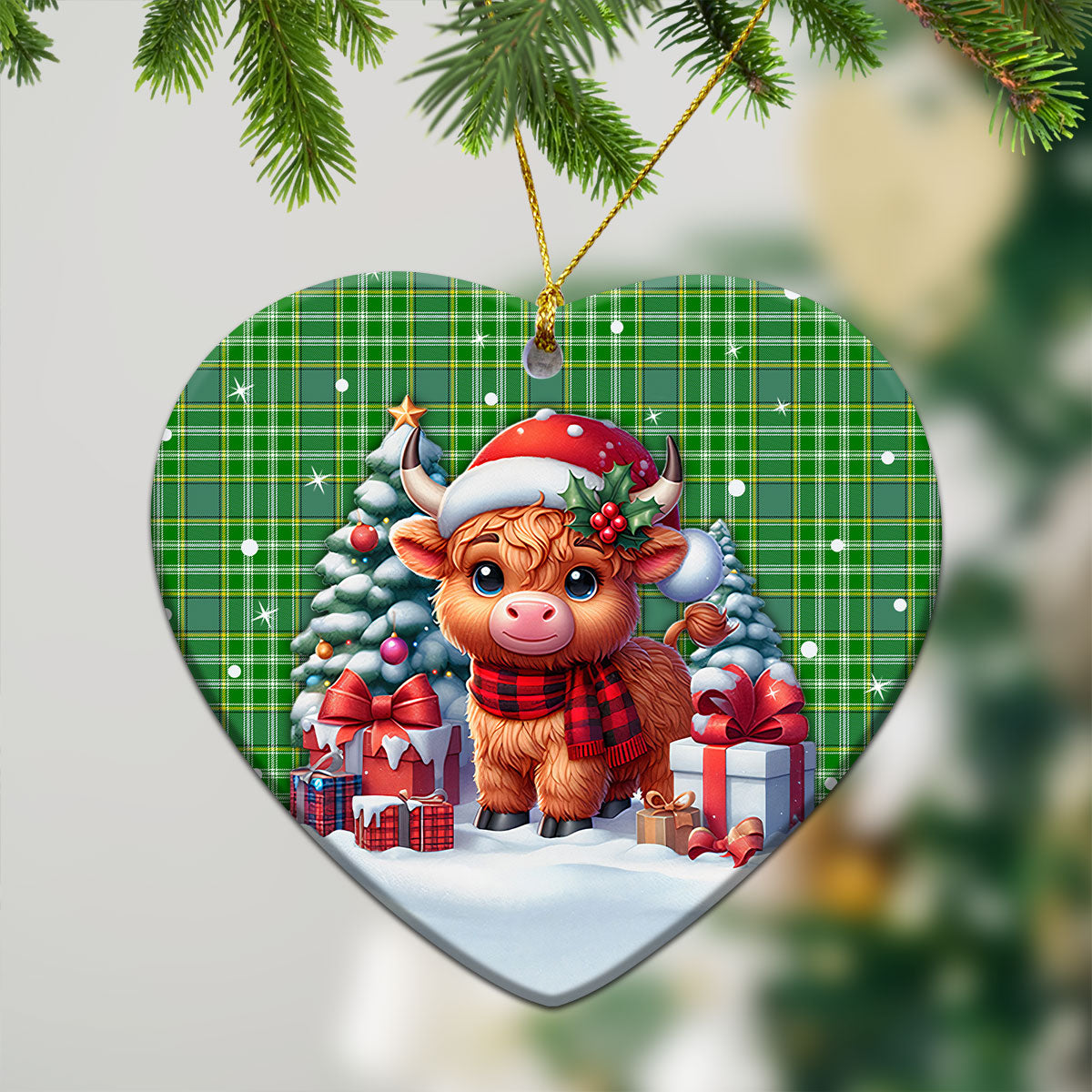 Currie Tartan Christmas Ceramic Ornament - Highland Cow Winter Style