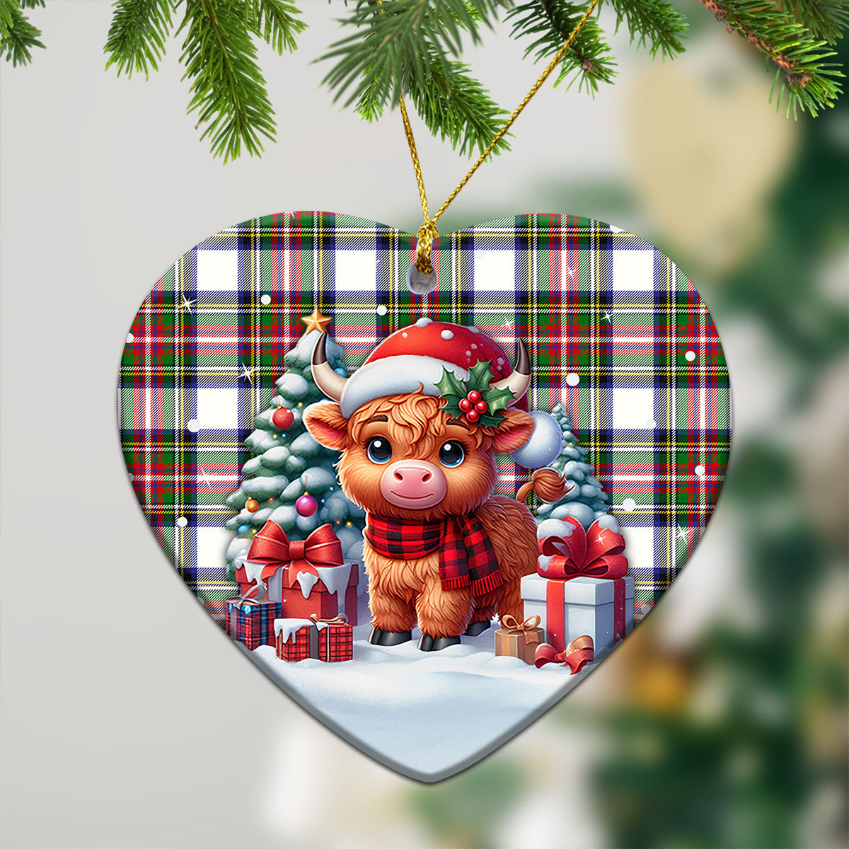 Dennistoun Tartan Christmas Ceramic Ornament - Highland Cow Winter Style