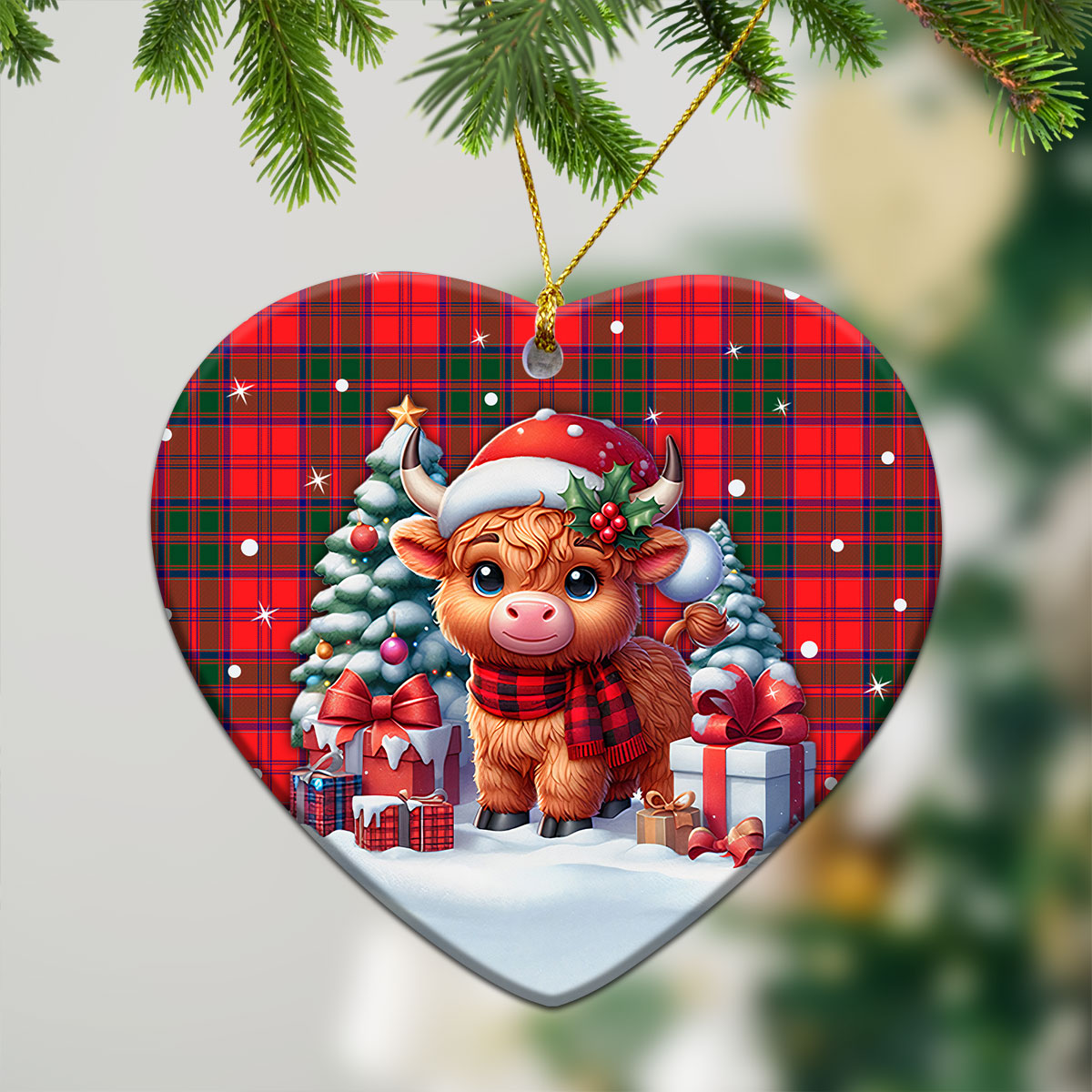 Drummond Modern Tartan Christmas Ceramic Ornament - Highland Cow Winter Style