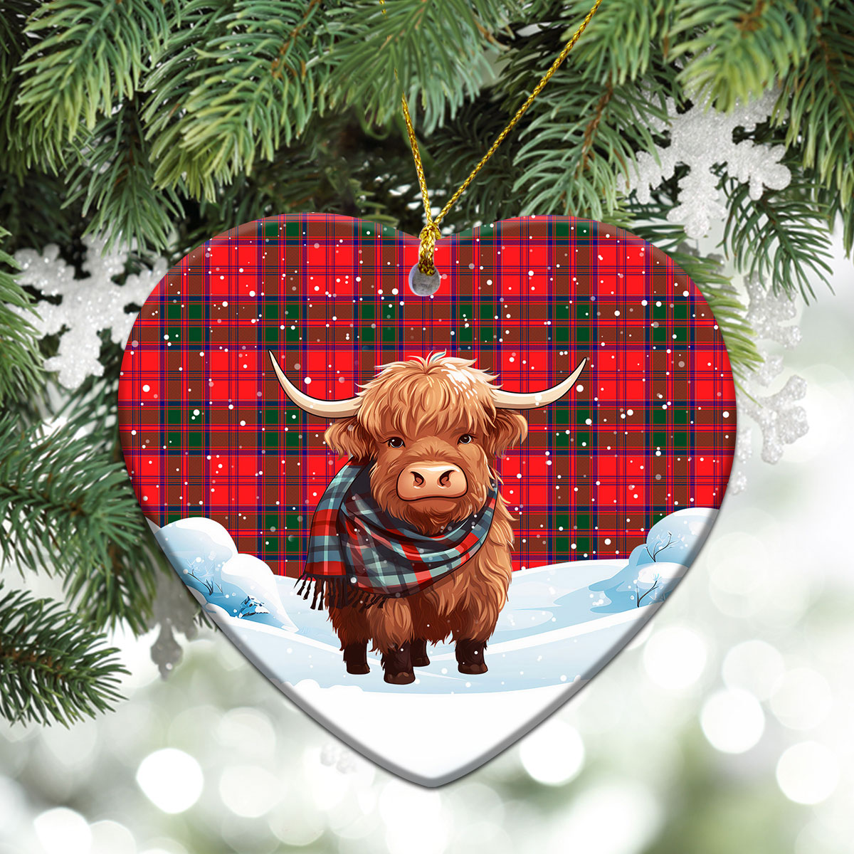 Drummond Modern Tartan Christmas Ceramic Ornament - Highland Cows Snow Style