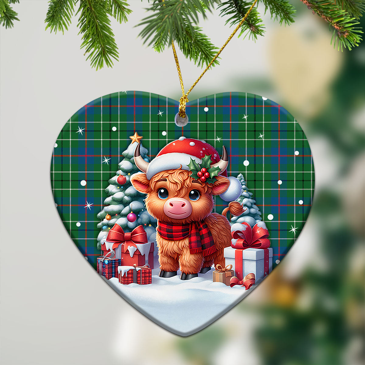 Duncan Ancient Tartan Christmas Ceramic Ornament - Highland Cow Winter Style