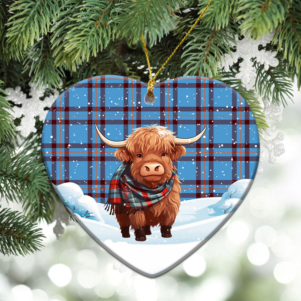 Elliot Ancient Tartan Christmas Ceramic Ornament - Highland Cows Snow Style