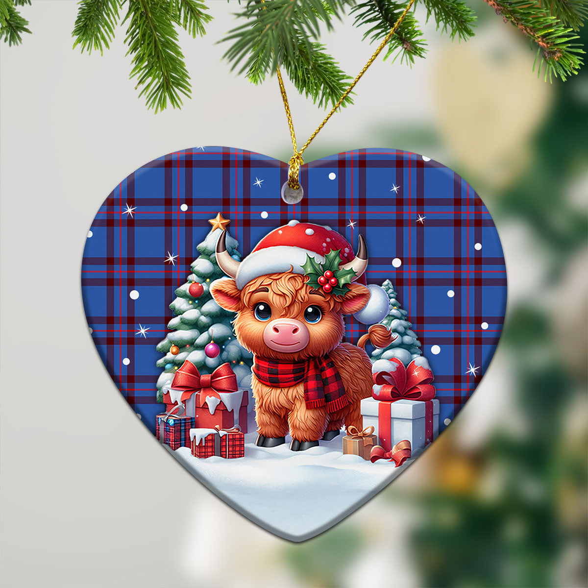 Elliot Modern Tartan Christmas Ceramic Ornament - Highland Cow Winter Style