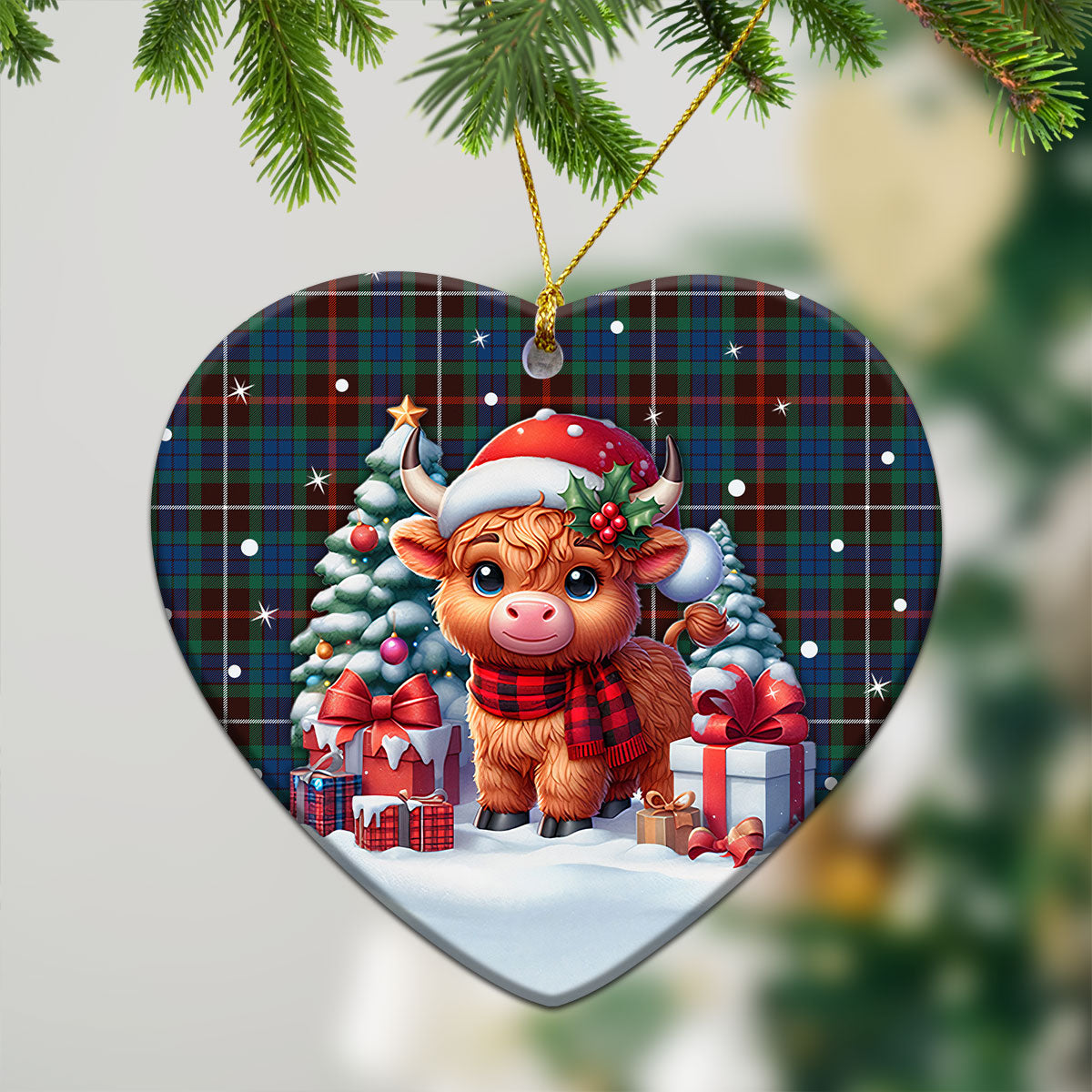 Fraser (of Lovat) Hunting Ancient Tartan Christmas Ceramic Ornament - Highland Cow Winter Style