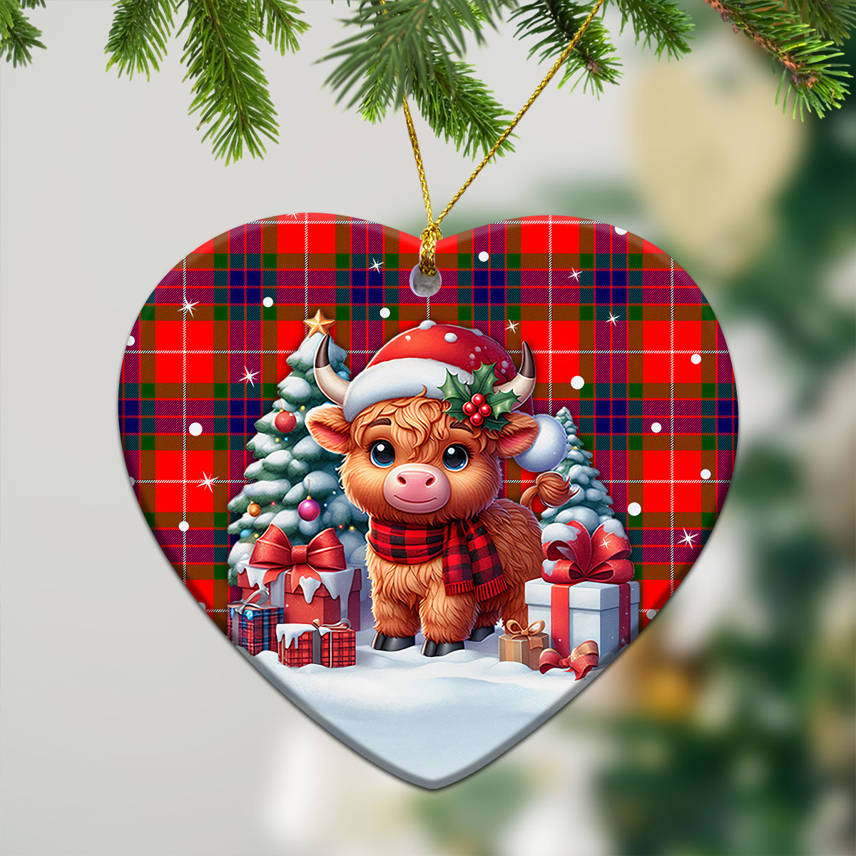 Fraser (of Lovat) Modern Tartan Christmas Ceramic Ornament - Highland Cow Winter Style