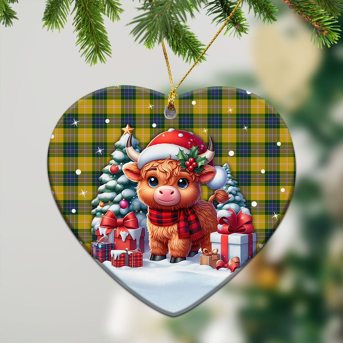 Fraser (of Lovat) Yellow Tartan Christmas Ceramic Ornament - Highland Cow Winter Style