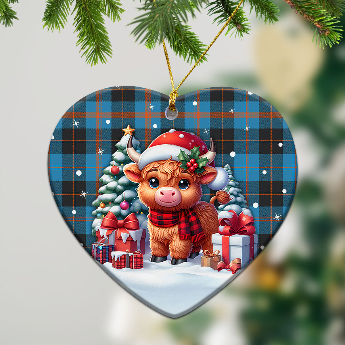 Garden Tartan Christmas Ceramic Ornament - Highland Cow Winter Style