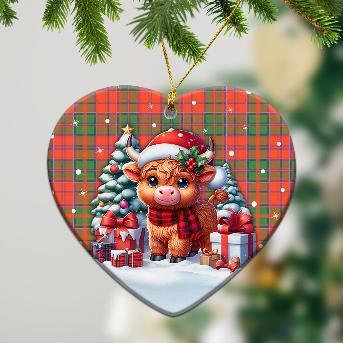 Grant Ancient Tartan Christmas Ceramic Ornament - Highland Cow Winter Style