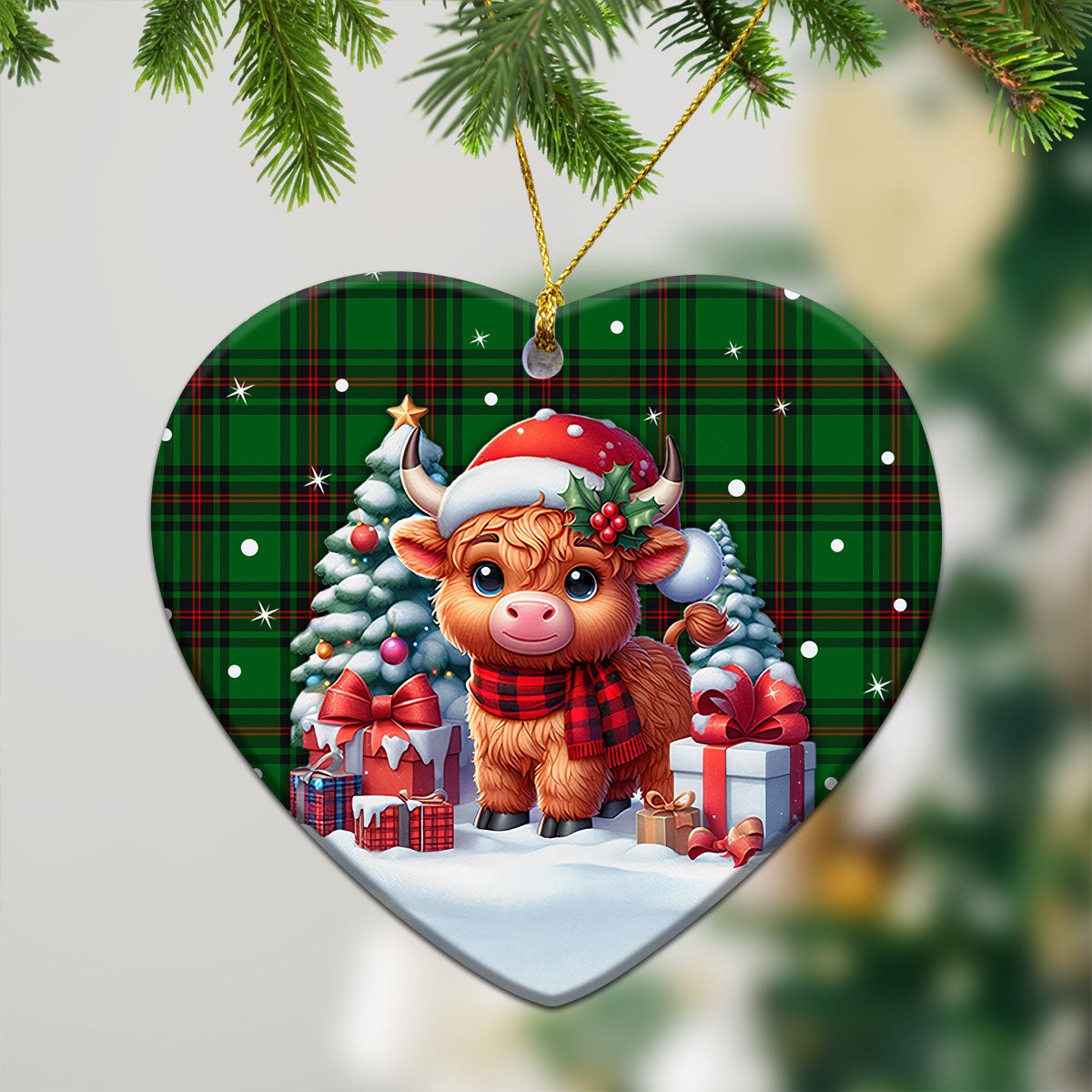 Halkett Tartan Christmas Ceramic Ornament - Highland Cow Winter Style