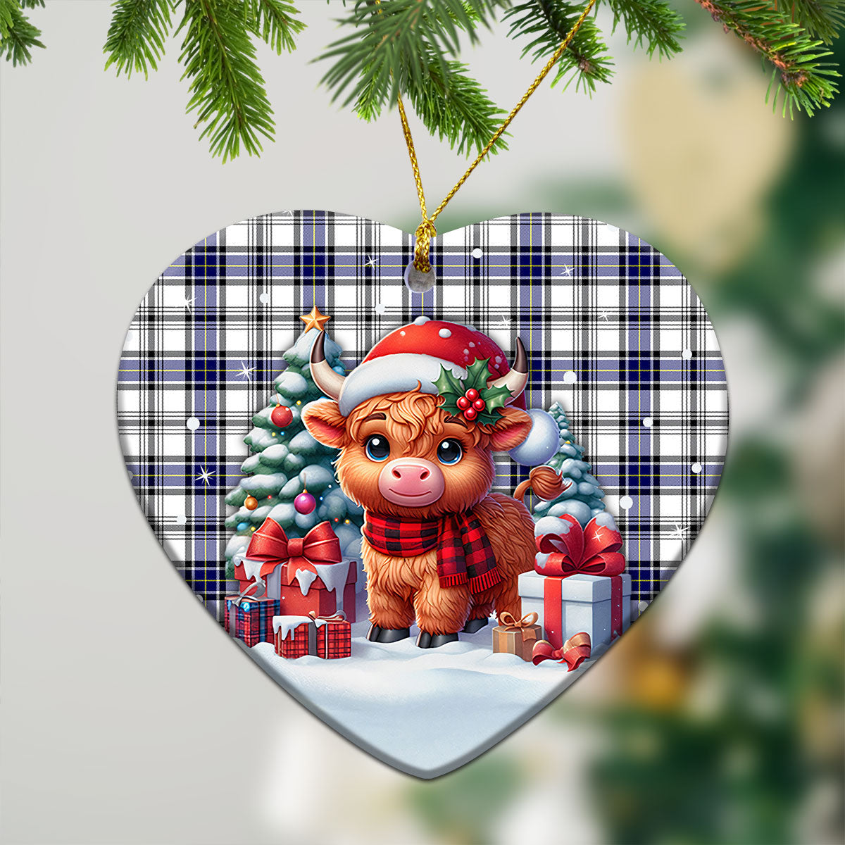 Hannay Modern Tartan Christmas Ceramic Ornament - Highland Cow Winter Style