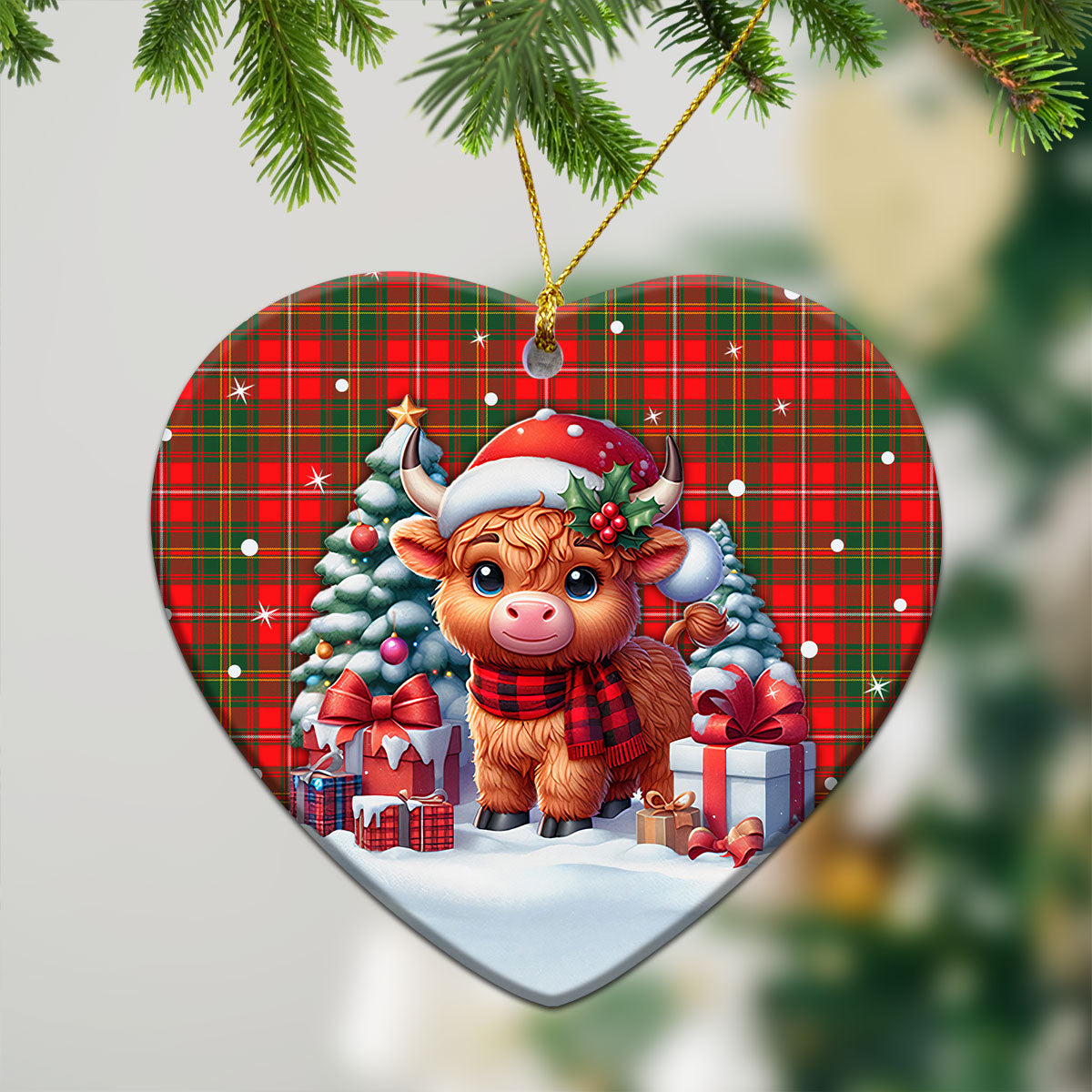 Hay Modern Tartan Christmas Ceramic Ornament - Highland Cow Winter Style