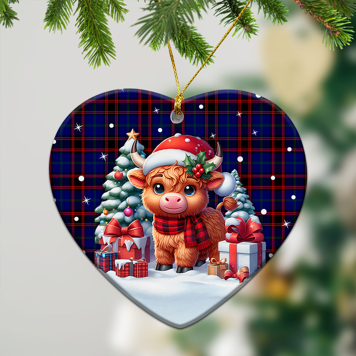 Home Modern Tartan Christmas Ceramic Ornament - Highland Cow Winter Style