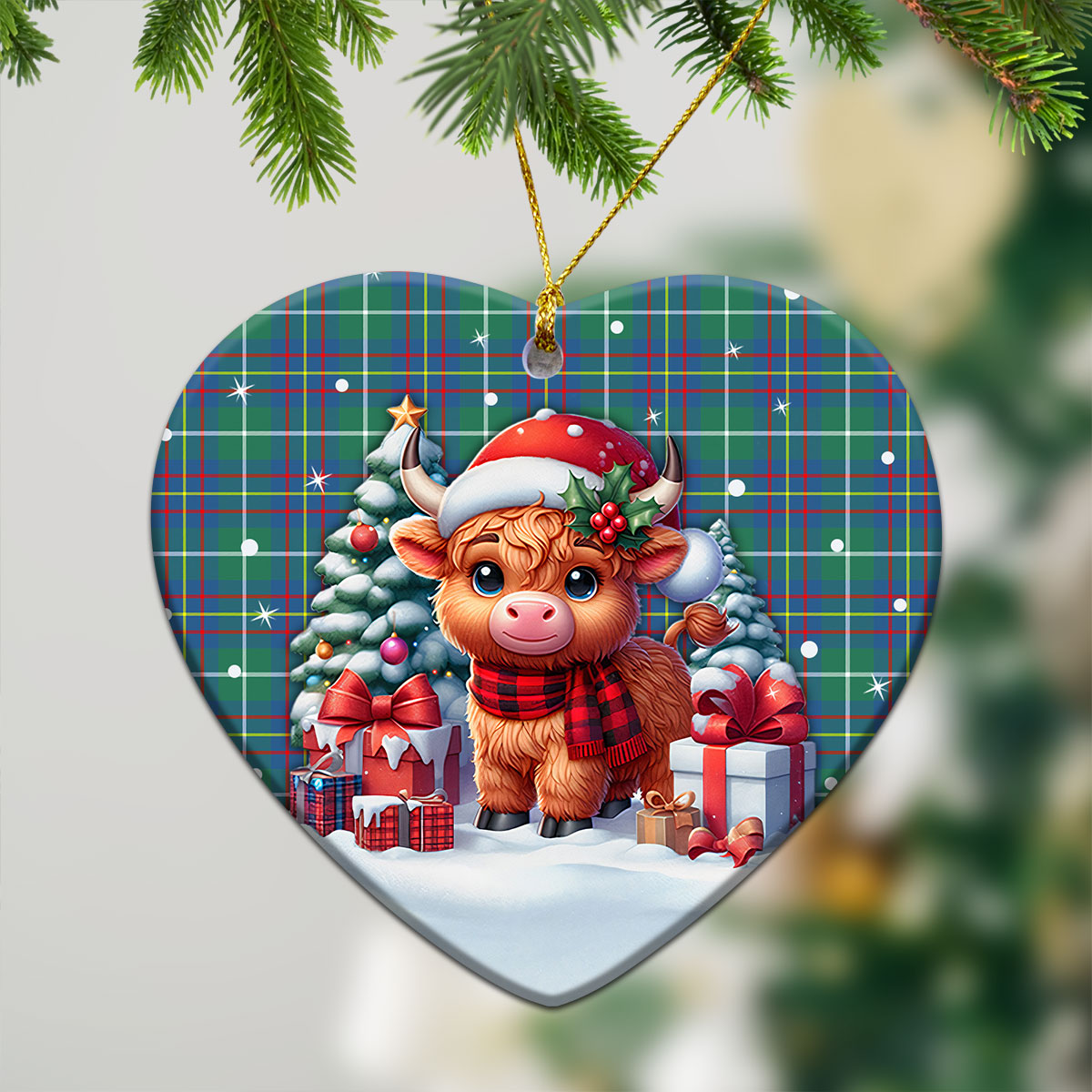 Inglis Ancient Tartan Christmas Ceramic Ornament - Highland Cow Winter Style