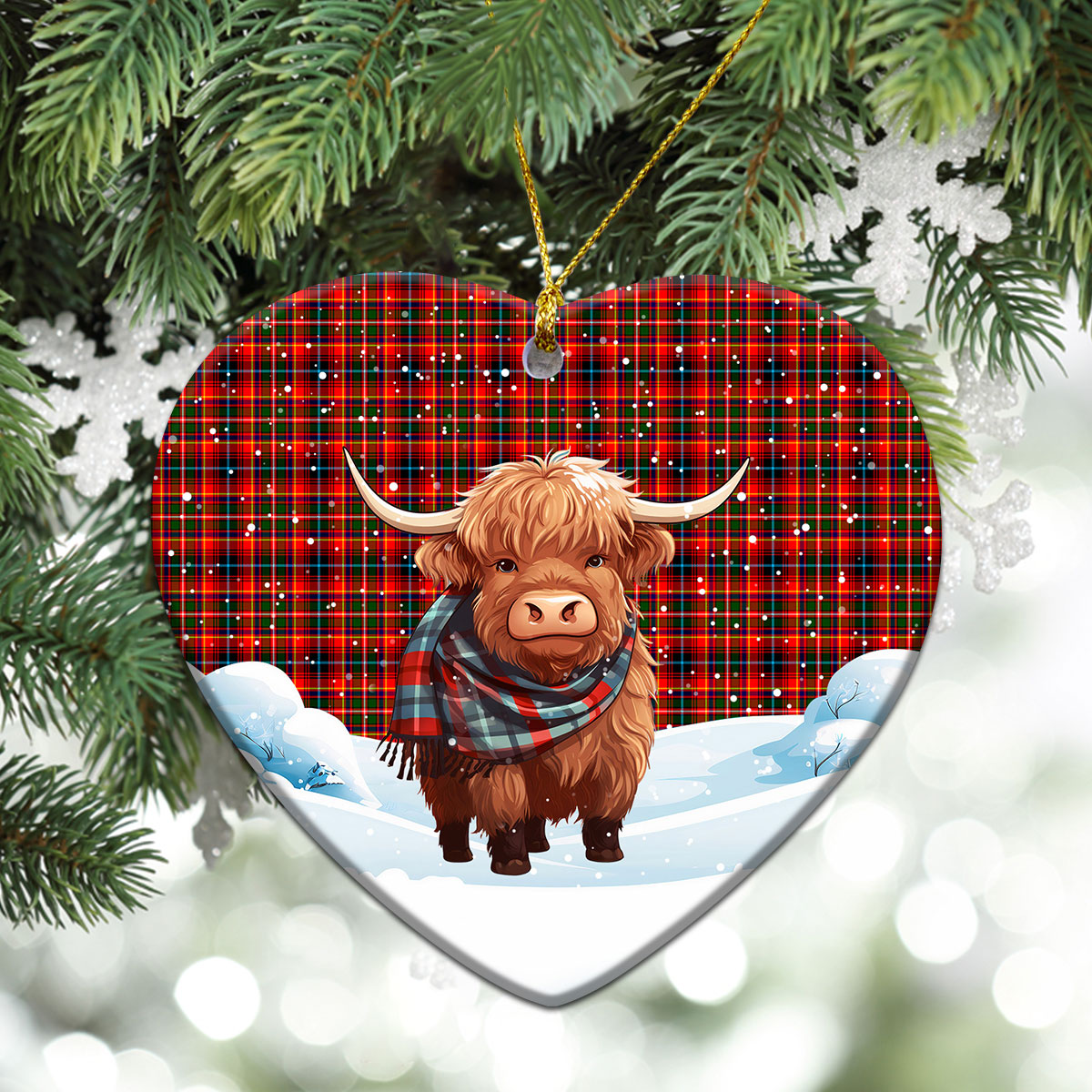 Innes Modern Tartan Christmas Ceramic Ornament - Highland Cows Snow Style