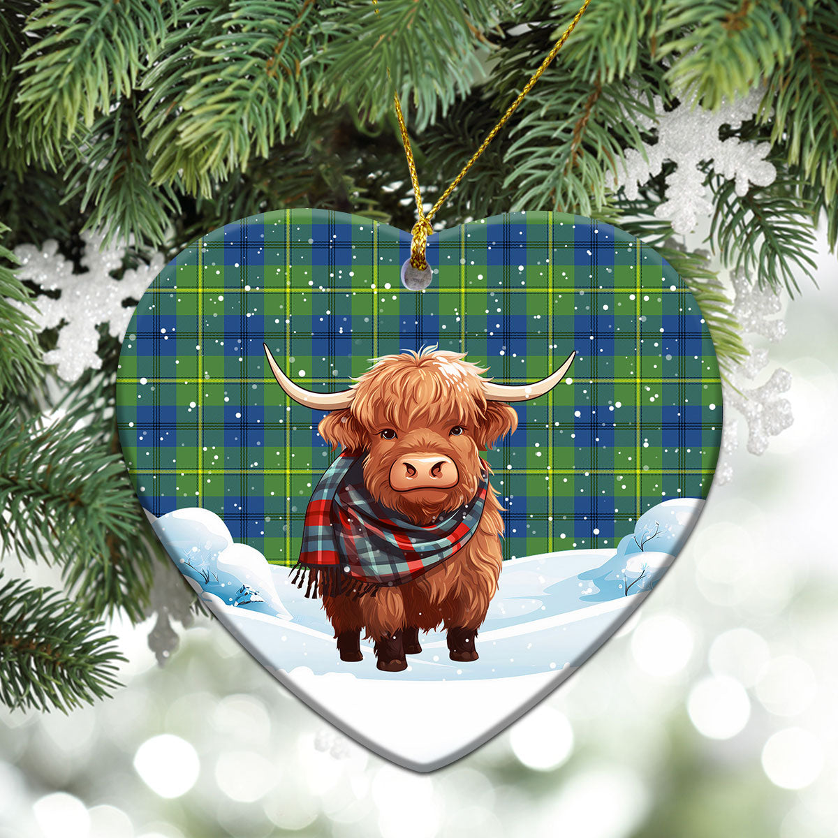 Johnson Ancient Tartan Christmas Ceramic Ornament - Highland Cows Snow Style