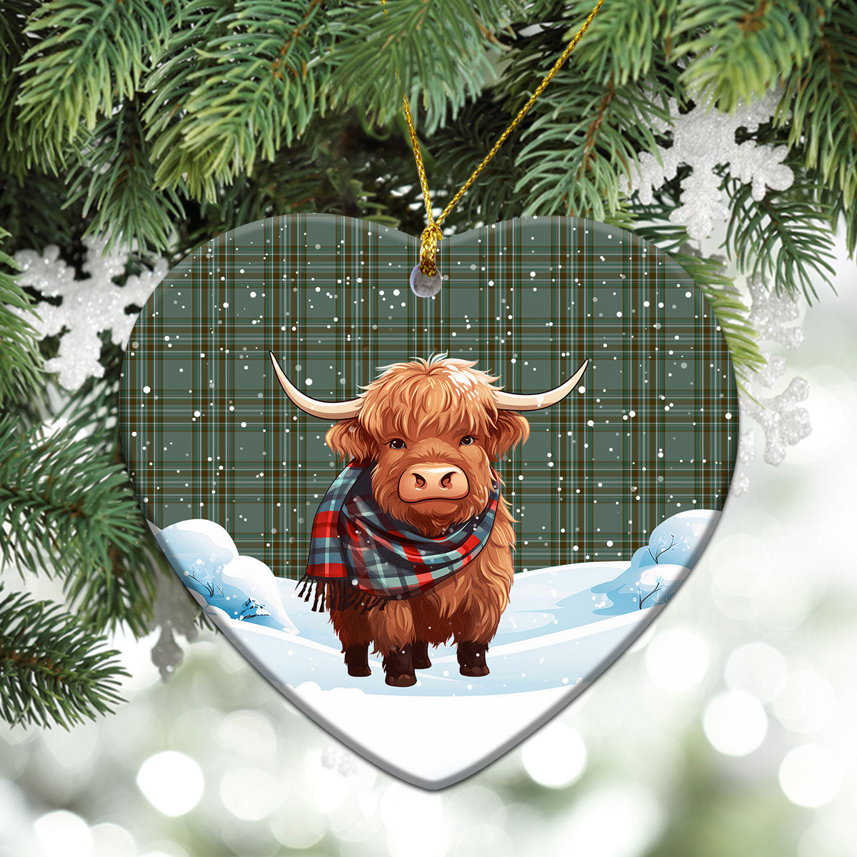 Kelly Dress Tartan Christmas Ceramic Ornament - Highland Cows Snow Style