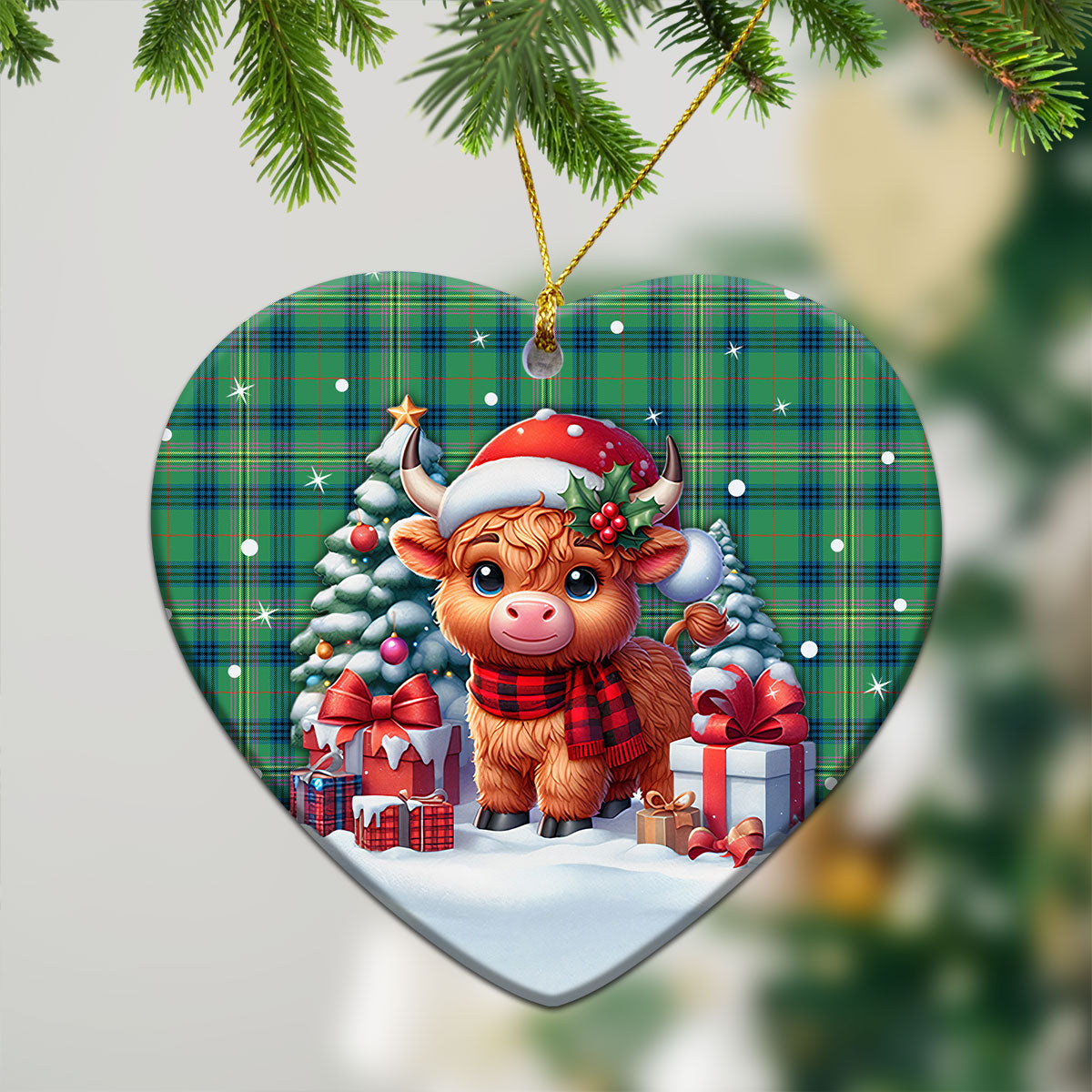 Kennedy Ancient Tartan Christmas Ceramic Ornament - Highland Cow Winter Style