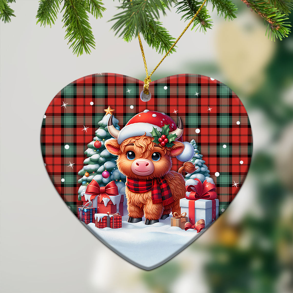 Kerr Ancient Tartan Christmas Ceramic Ornament - Highland Cow Winter Style