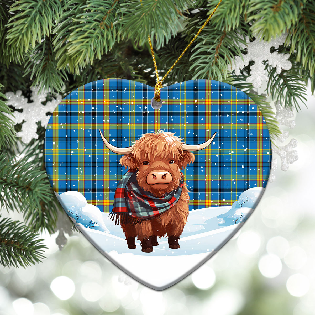 Laing Tartan Christmas Ceramic Ornament - Highland Cows Snow Style