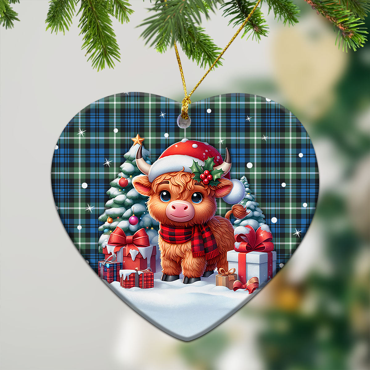 Lamont Ancient Tartan Christmas Ceramic Ornament - Highland Cow Winter Style