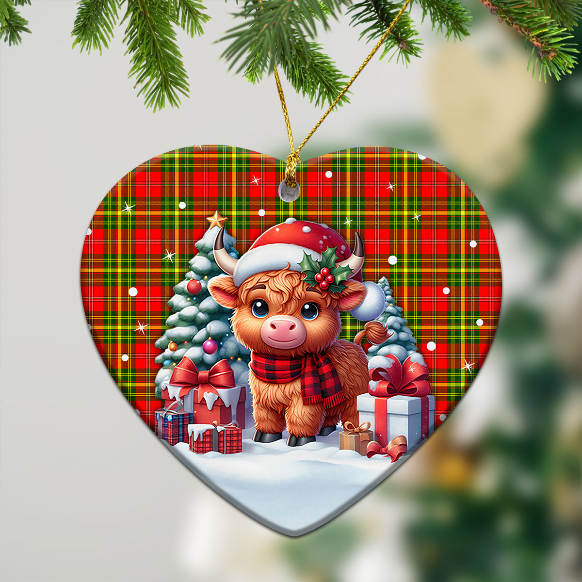 Leask Tartan Christmas Ceramic Ornament - Highland Cow Winter Style