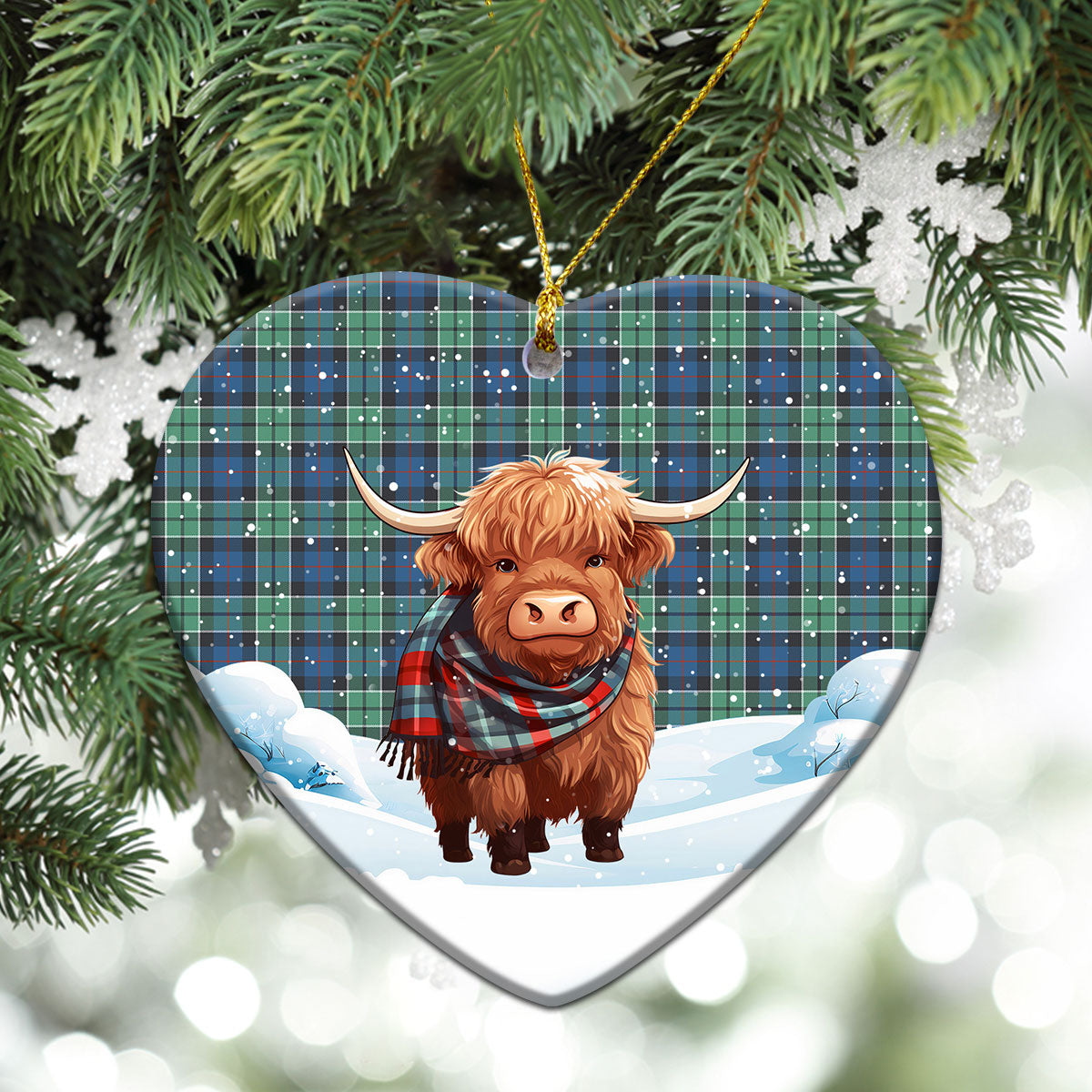 Leslie Hunting Ancient Tartan Christmas Ceramic Ornament - Highland Cows Snow Style